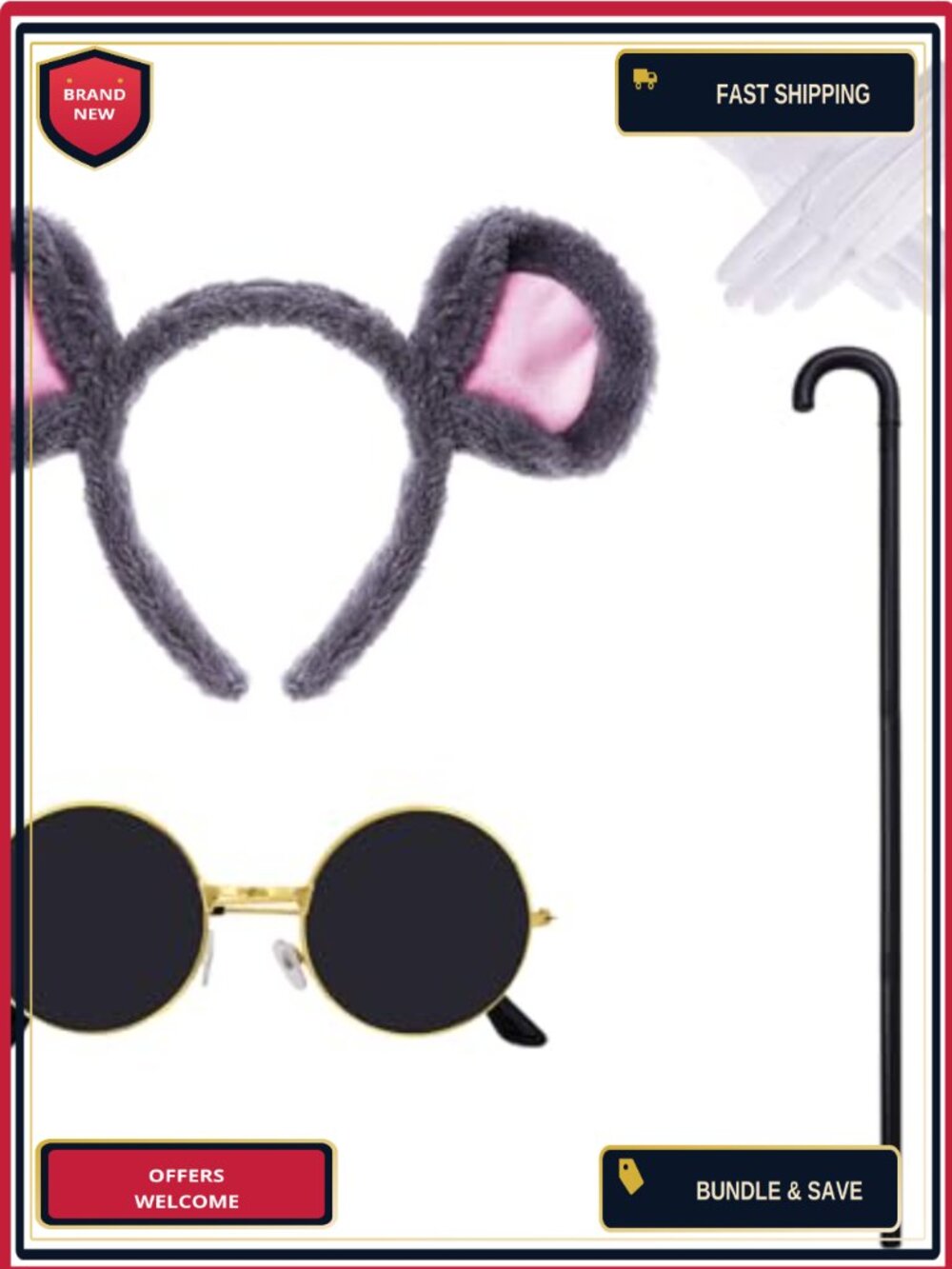 Mouse Costume Accessory Set Ears Headband Sunglasses Gloves Cane